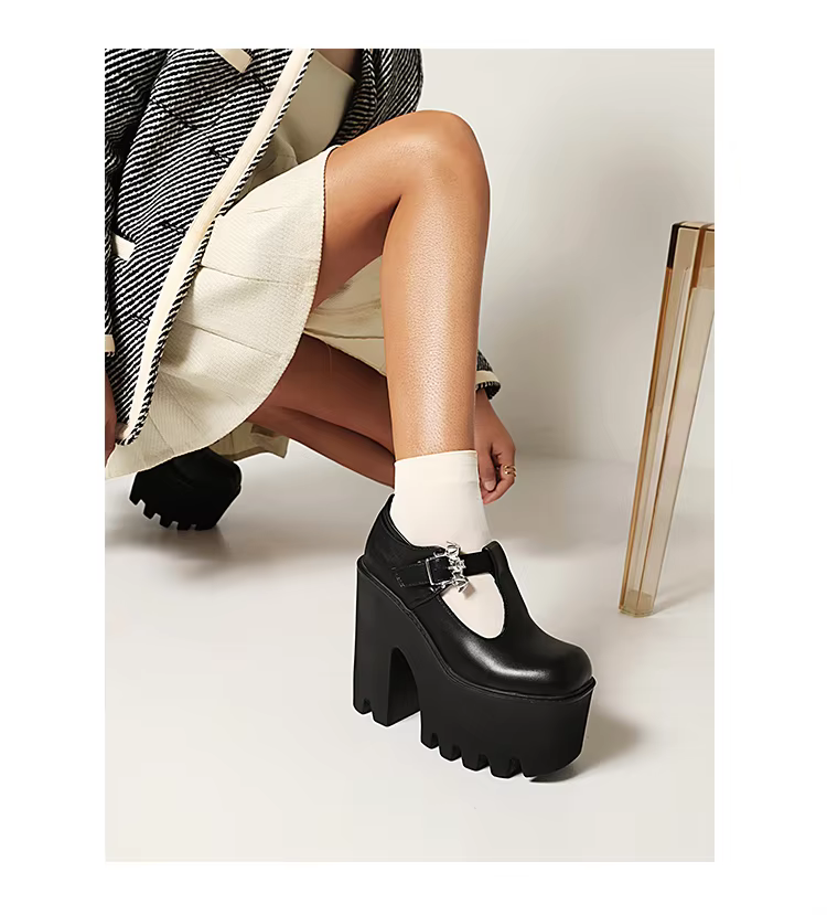 Bat Metal Buckle Black Chunky Heels Platform Shoes