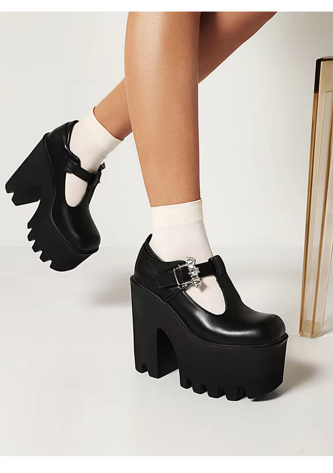 Bat Metal Buckle Black Chunky Heels Platform Shoes