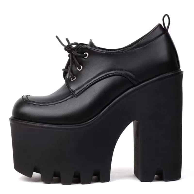 Black Lace up Chunky Heels Ladies Pumps Platform Shoes