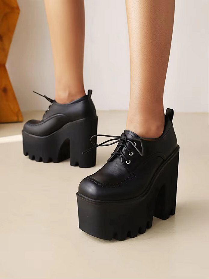 Black Lace up Chunky Heels Ladies Pumps Platform Shoes