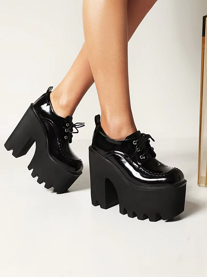 Black Lace up Chunky Heels Ladies Pumps Platform Shoes