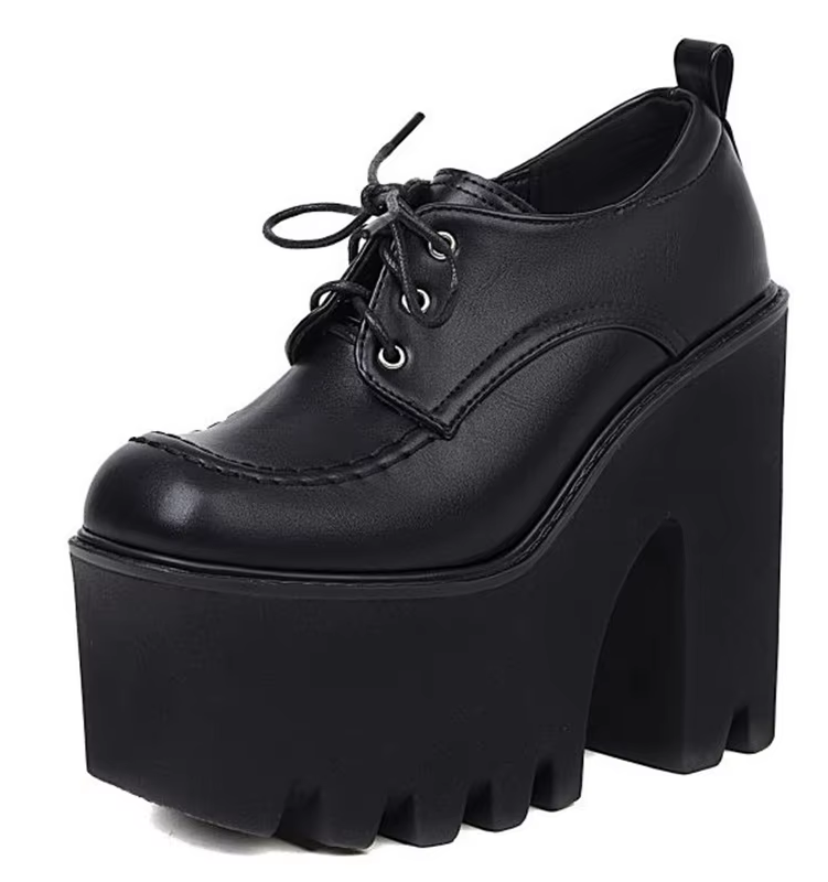 Black Lace up Chunky Heels Ladies Pumps Platform Shoes