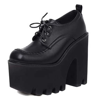Black Lace up Chunky Heels Ladies Pumps Platform Shoes