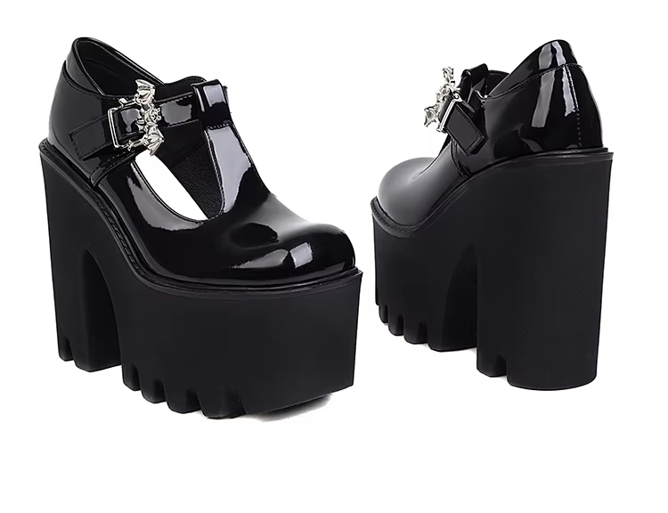 Bat Metal Buckle Black Chunky Heels Platform Shoes