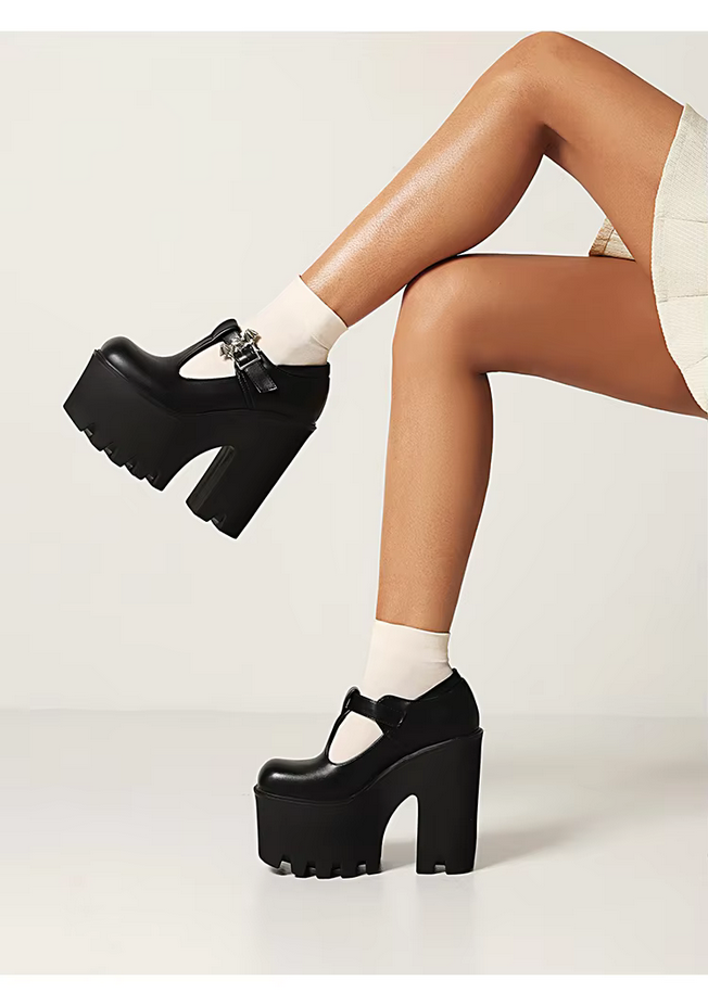 Bat Metal Buckle Black Chunky Heels Platform Shoes