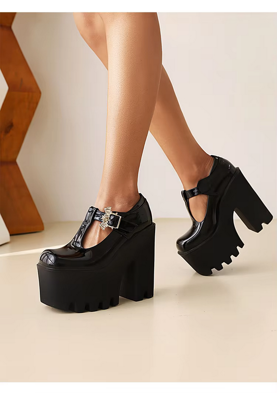 Bat Metal Buckle Black Chunky Heels Platform Shoes