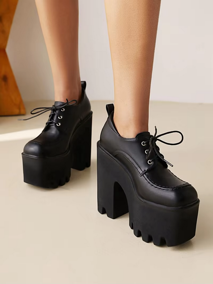 Black Lace up Chunky Heels Ladies Pumps Platform Shoes