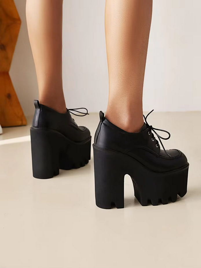 Black Lace up Chunky Heels Ladies Pumps Platform Shoes