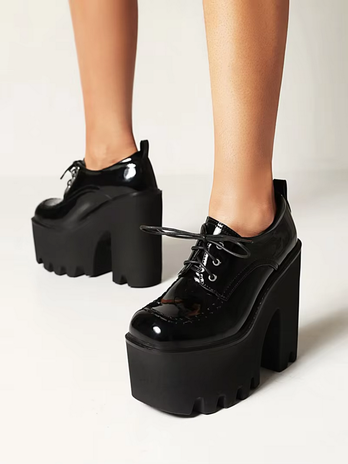 Black Lace up Chunky Heels Ladies Pumps Platform Shoes
