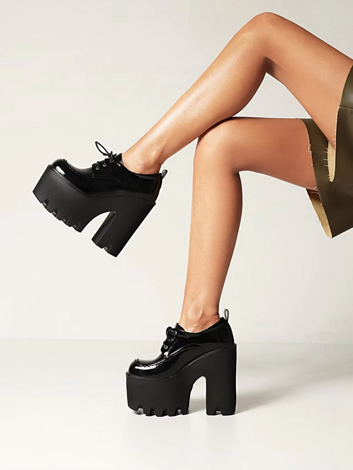 Black Lace up Chunky Heels Ladies Pumps Platform Shoes