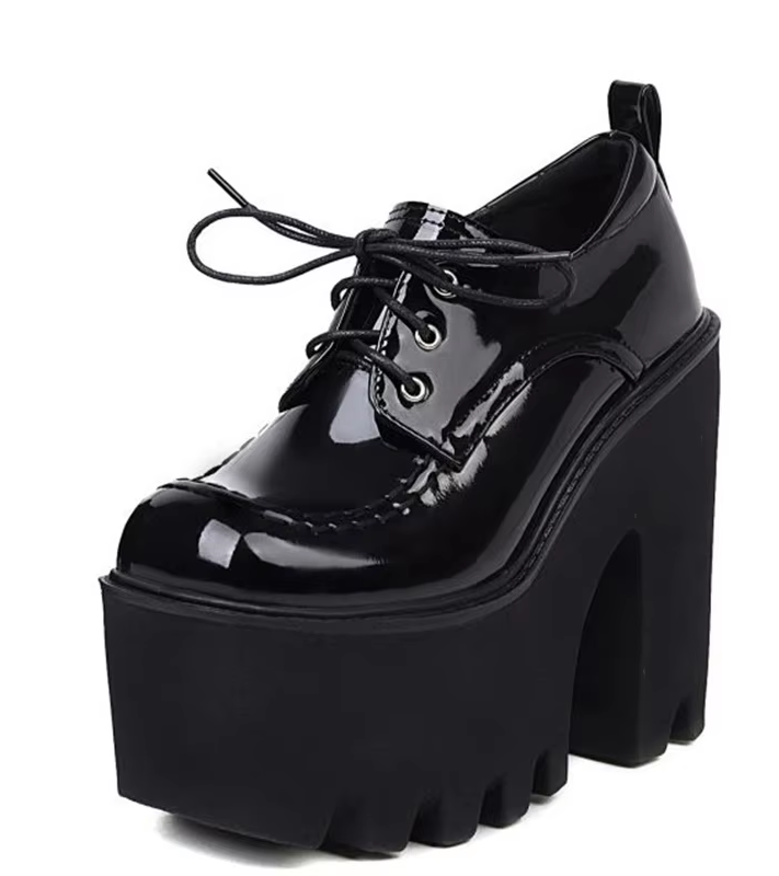 Black Lace up Chunky Heels Ladies Pumps Platform Shoes