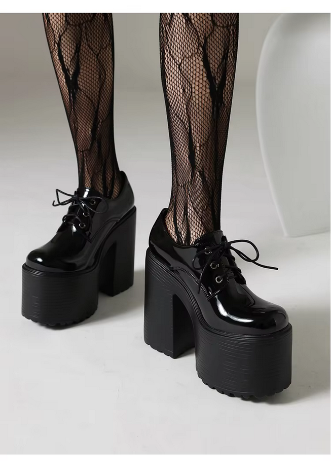 Thick Heels  Waterproof Platform Shiny Patent Leather Lace Up Women&#39;s Pumps