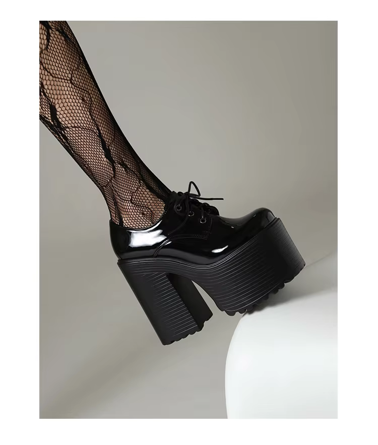 Thick Heels  Waterproof Platform Shiny Patent Leather Lace Up Women&#39;s Pumps