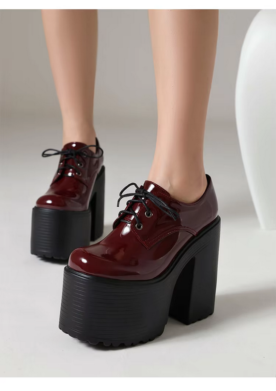 Thick Heels  Waterproof Platform Shiny Patent Leather Lace Up Women&#39;s Pumps