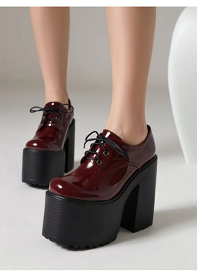 Thick Heels  Waterproof Platform Shiny Patent Leather Lace Up Women&#39;s Pumps