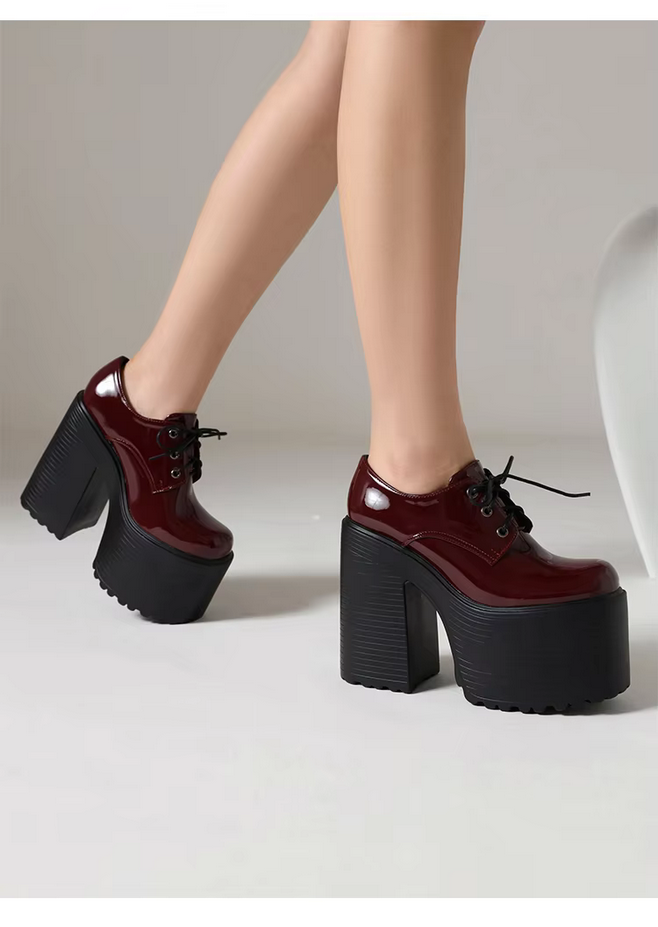 Thick Heels  Waterproof Platform Shiny Patent Leather Lace Up Women&#39;s Pumps