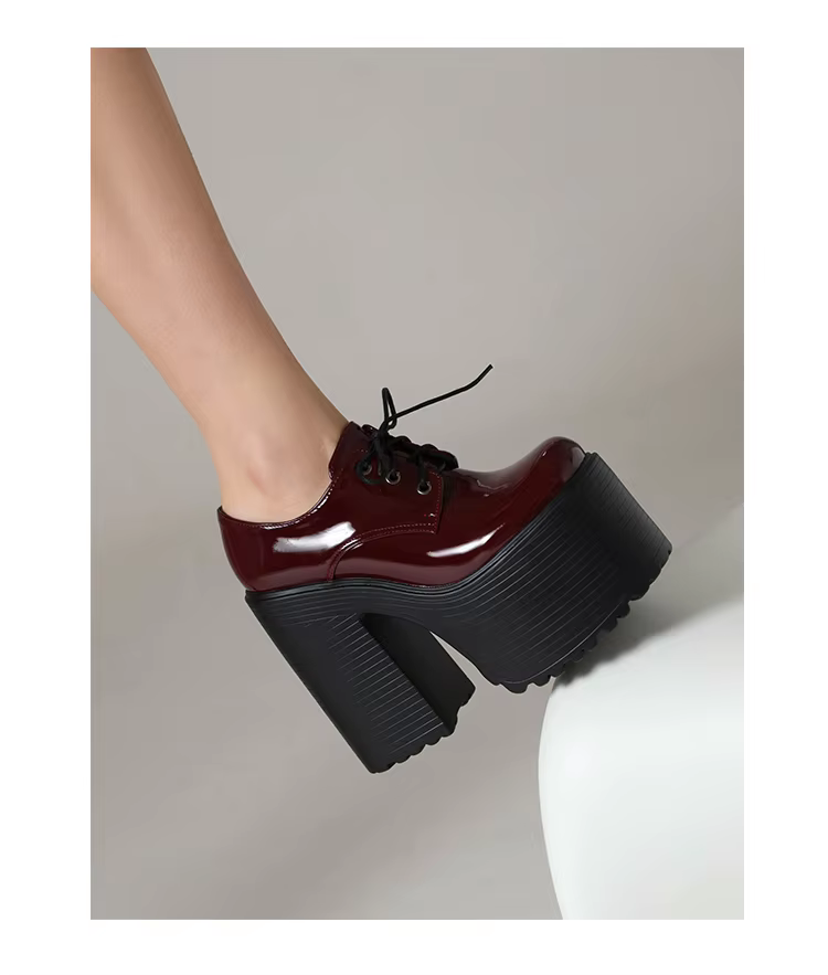 Thick Heels  Waterproof Platform Shiny Patent Leather Lace Up Women&#39;s Pumps