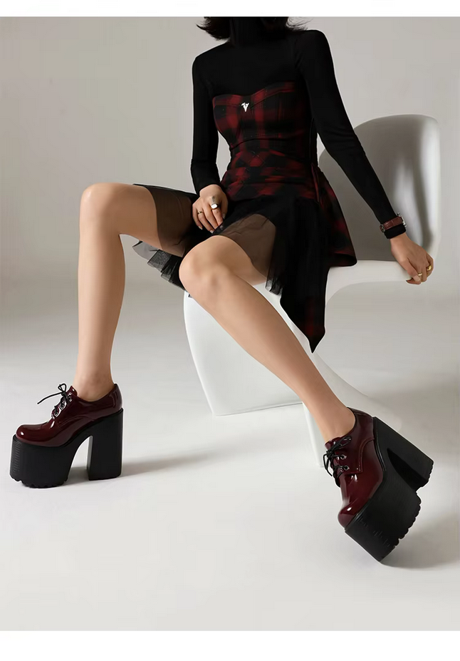 Thick Heels  Waterproof Platform Shiny Patent Leather Lace Up Women&#39;s Pumps