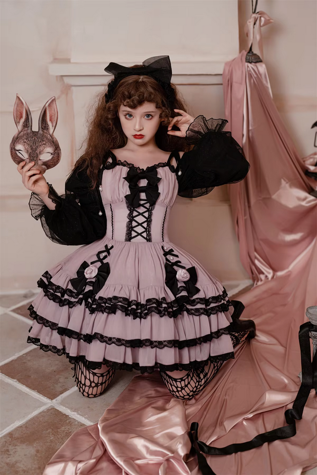 Ruffled Puff Sleeve Gothic Lolita  Bow Dress