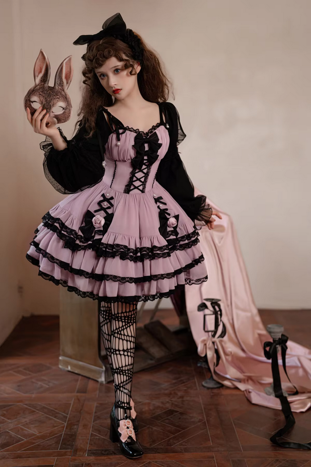 Ruffled Puff Sleeve Gothic Lolita  Bow Dress