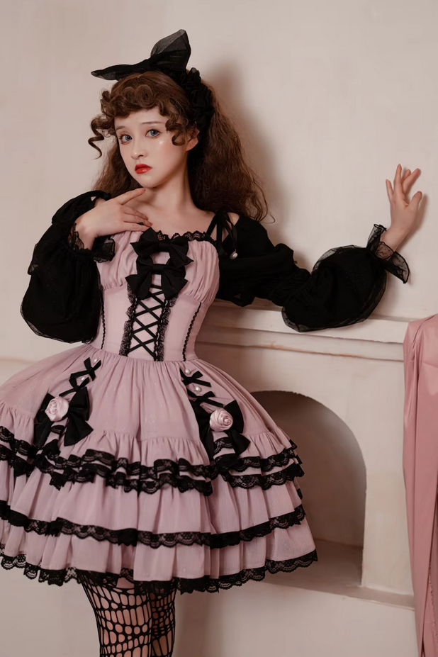 Ruffled Puff Sleeve Gothic Lolita  Bow Dress