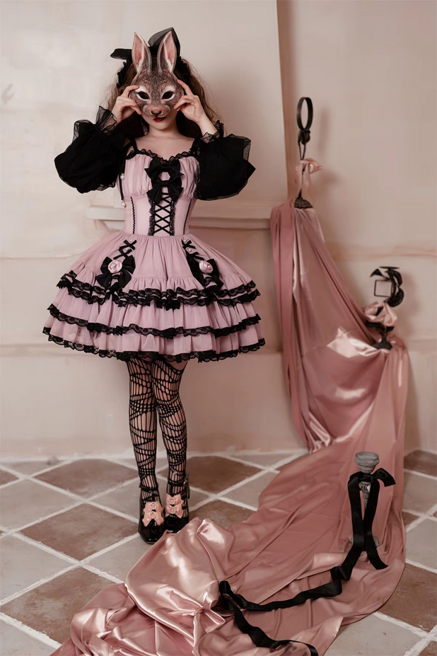Ruffled Puff Sleeve Gothic Lolita  Bow Dress