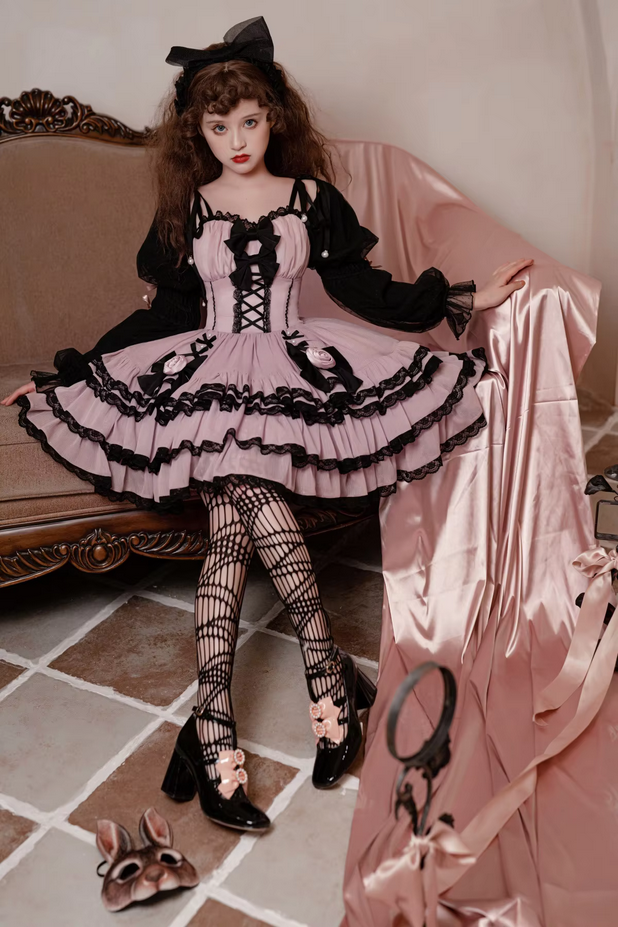 Ruffled Puff Sleeve Gothic Lolita  Bow Dress