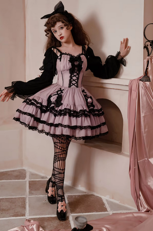 Ruffled Puff Sleeve Gothic Lolita  Bow Dress