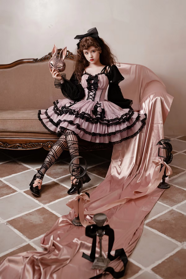 Ruffled Puff Sleeve Gothic Lolita  Bow Dress