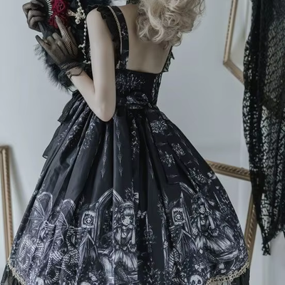 Japanese Goth Lolita Black and White Beaded Fairy Dress