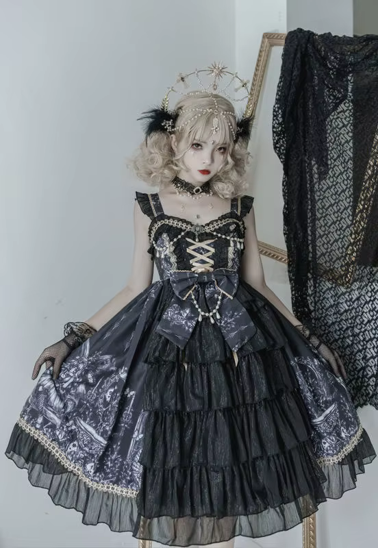 Japanese Goth Lolita Black and White Beaded Fairy Dress