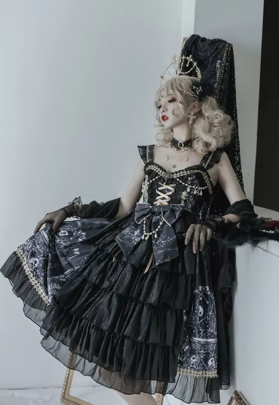 Japanese Goth Lolita Black and White Beaded Fairy Dress