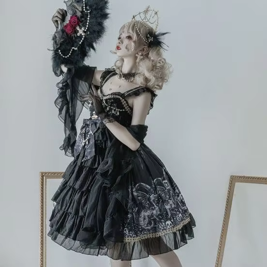 Japanese Goth Lolita Black and White Beaded Fairy Dress