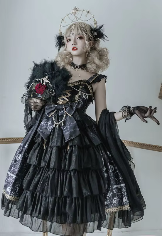 Japanese Goth Lolita Black and White Beaded Fairy Dress