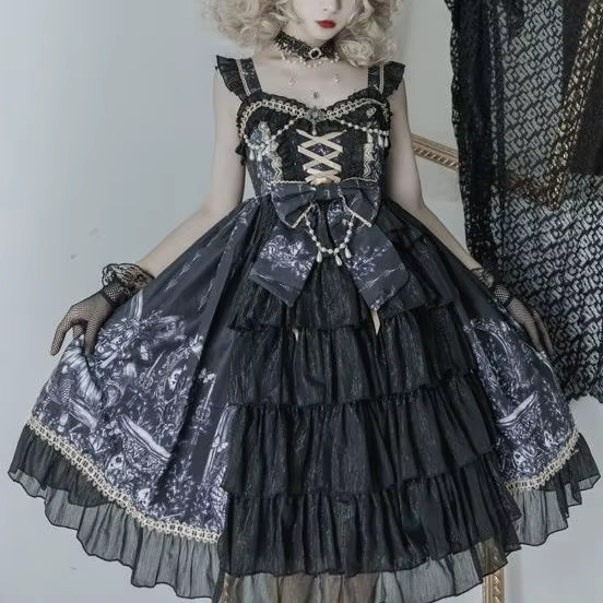 Japanese Goth Lolita Black and White Beaded Fairy Dress
