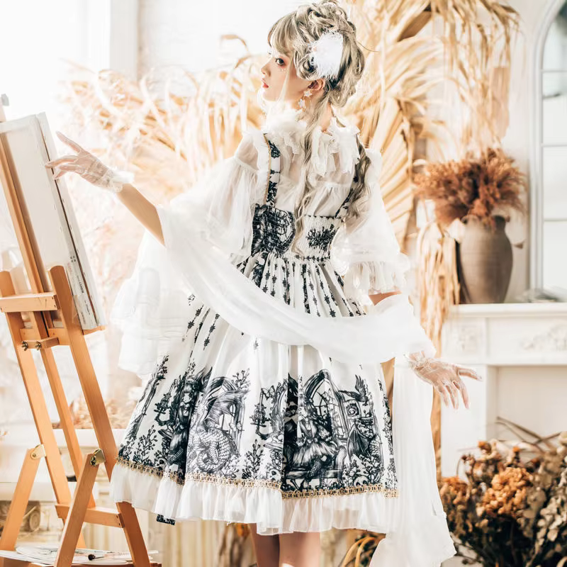 Japanese Goth Lolita Black and White Beaded Fairy Dress