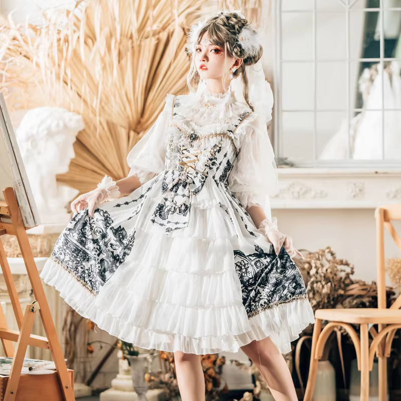 Japanese Goth Lolita Black and White Beaded Fairy Dress