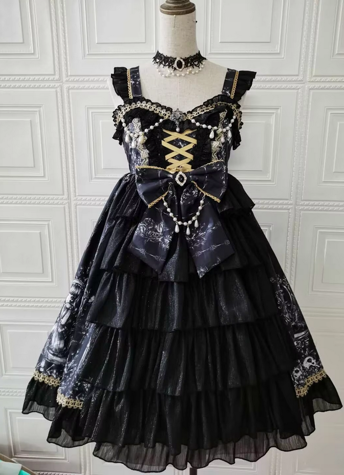 Japanese Goth Lolita Black and White Beaded Fairy Dress