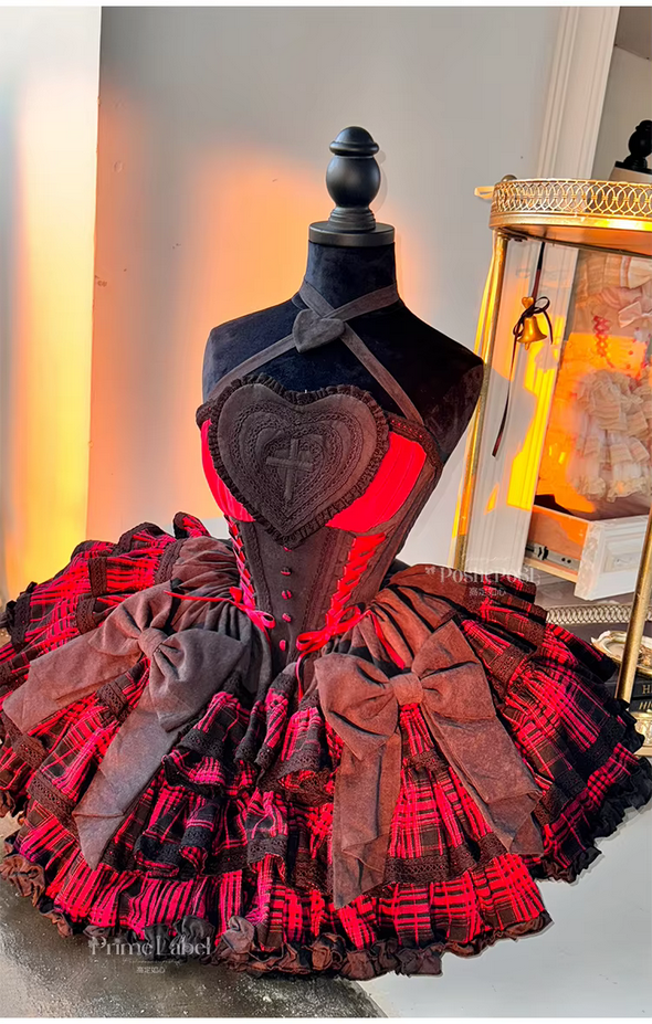 Gorgeous Gothic Lolita Red and Black Plaid Splicing Ball Gown Dress