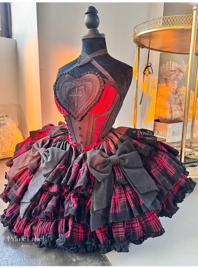 Gorgeous Gothic Lolita Red and Black Plaid Splicing Ball Gown Dress