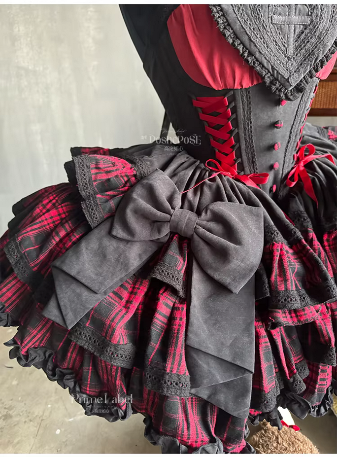 Gorgeous Gothic Lolita Red and Black Plaid Splicing Ball Gown Dress