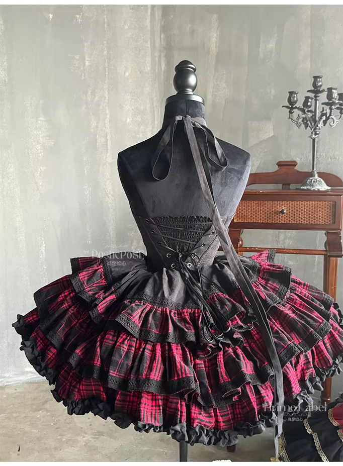 Gorgeous Gothic Lolita Red and Black Plaid Splicing Ball Gown Dress
