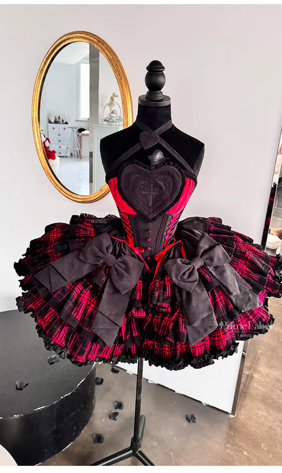 Gorgeous Gothic Lolita Red and Black Plaid Splicing Ball Gown Dress