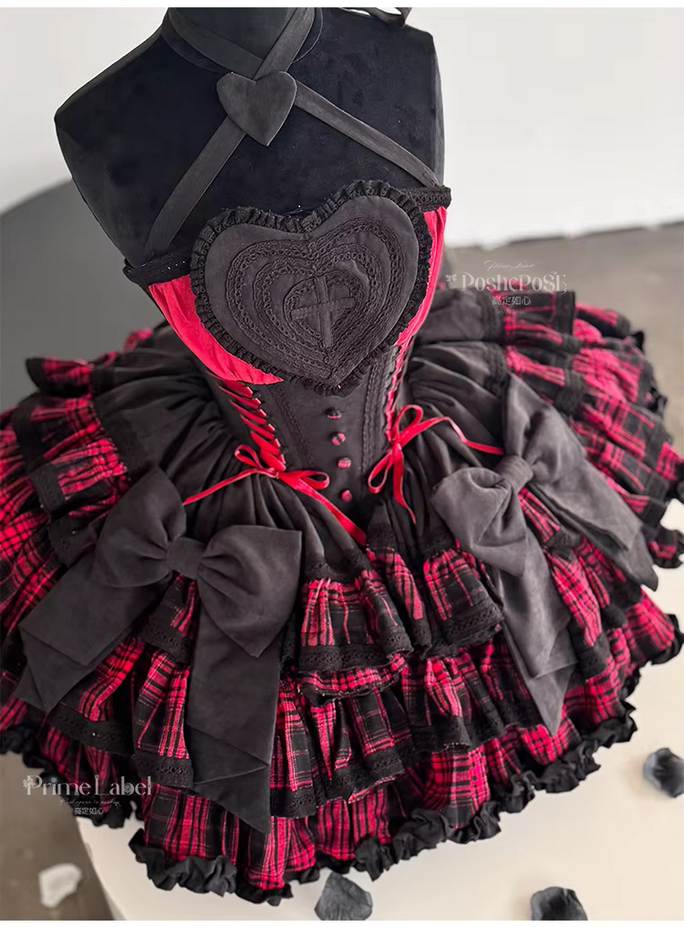 Gorgeous Gothic Lolita Red and Black Plaid Splicing Ball Gown Dress