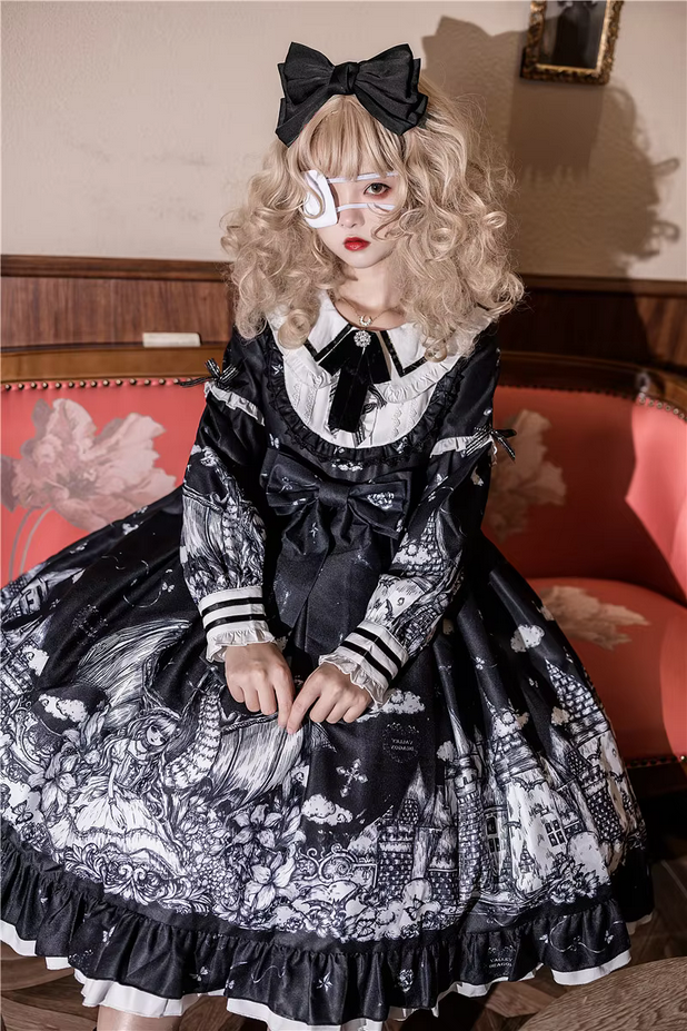 Gothic Lolita Peter Pan Collar Cute Bow Ruffled Dress