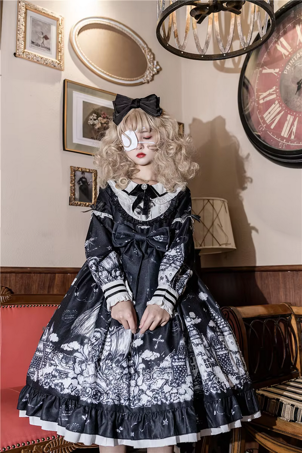 Gothic Lolita Peter Pan Collar Cute Bow Ruffled Dress