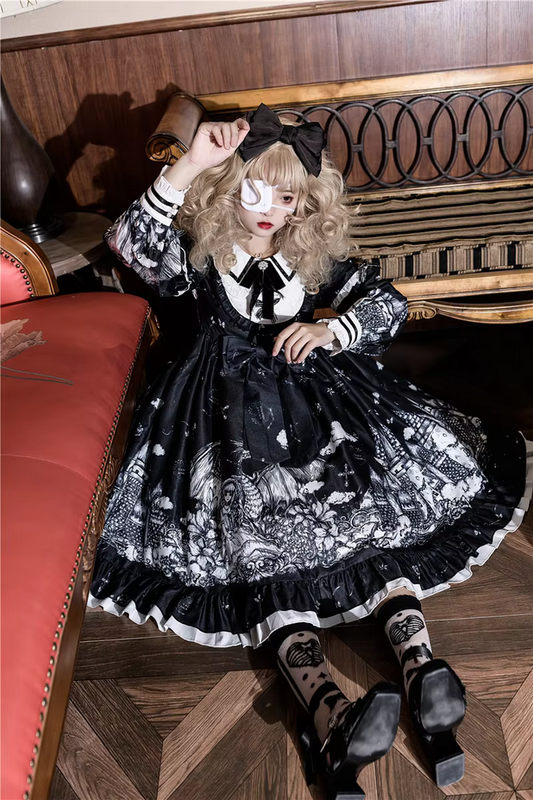 Gothic Lolita Peter Pan Collar Cute Bow Ruffled Dress