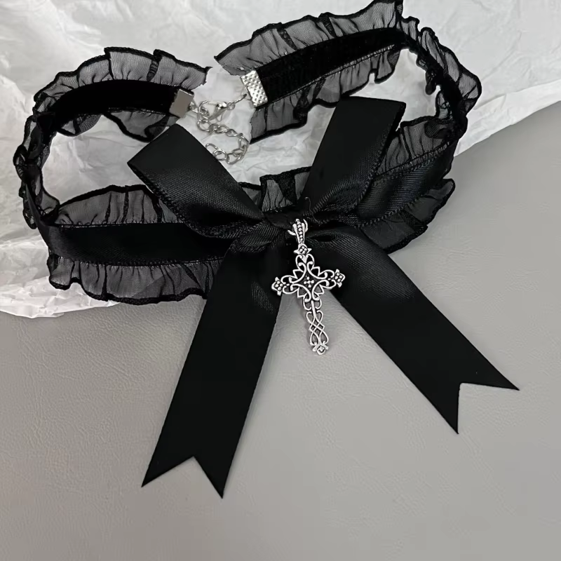 Ruffle Lace Gothic Cross Pendant Necklace