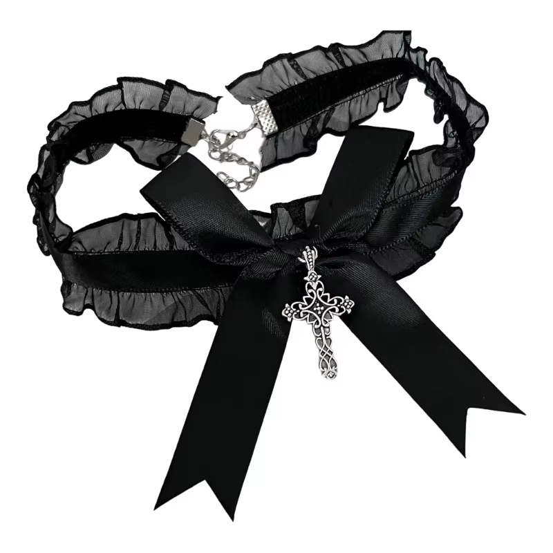 Ruffle Lace Gothic Cross Pendant Necklace