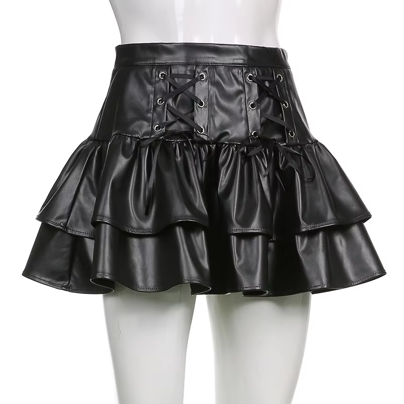 Black Lace-up Gothic Bandage PU Pleated Skirt